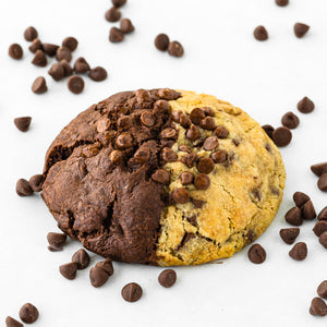 Brookie surrounded by choco chips. Cookies by post, delivered to your door.